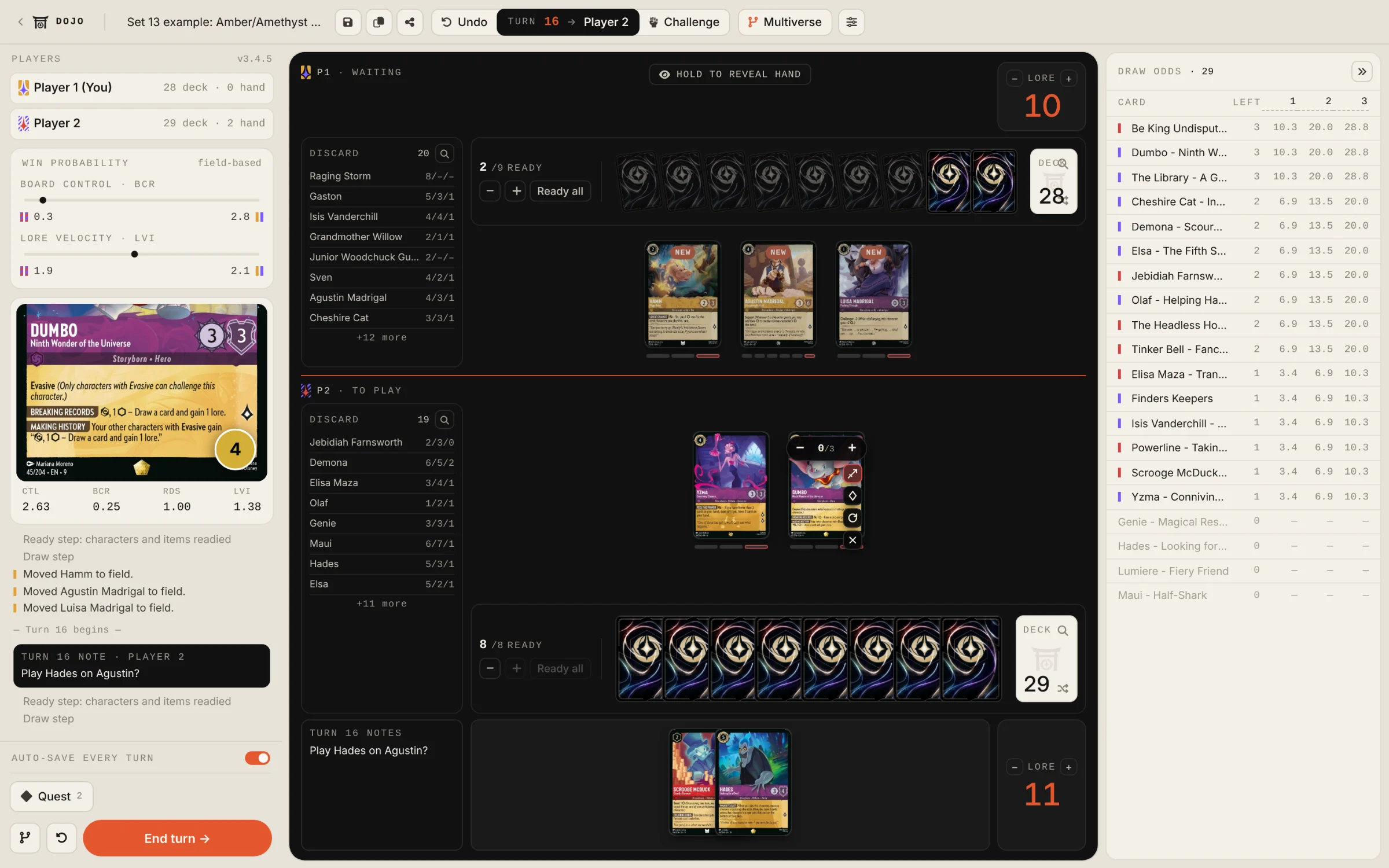 The Practice Dojo by day: a Lorcana match at turn 16 with the players, win-probability meters, card details, log and turn note in the left rail, both halves of the board in the black well, and draw odds on the right