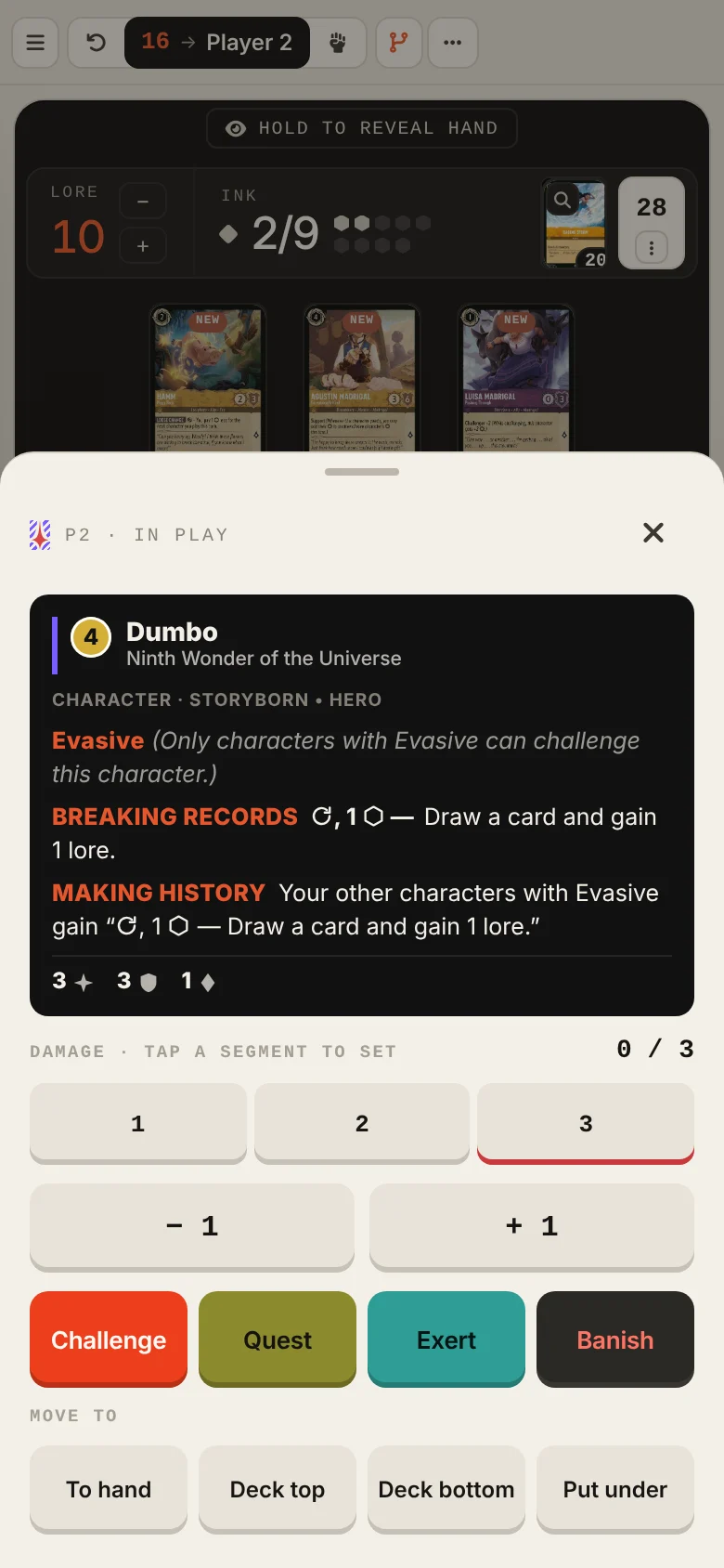 Dumbo tapped on a phone: the card drawer with the card's full text, damage segments, and keys for Challenge, Quest, Exert, Banish and where to move it